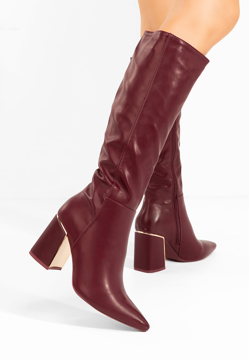 Cizme lungi cu toc gros Emalia bordo