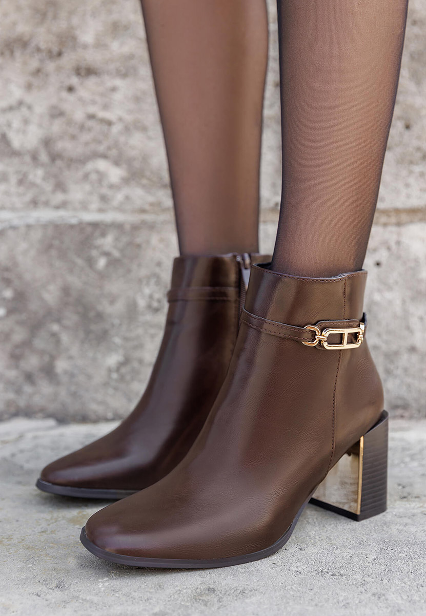 Botine cu toc gros Arletta maro