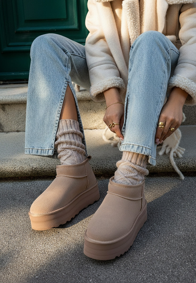 Cizme tip ugg cu platformă Fenoria bej