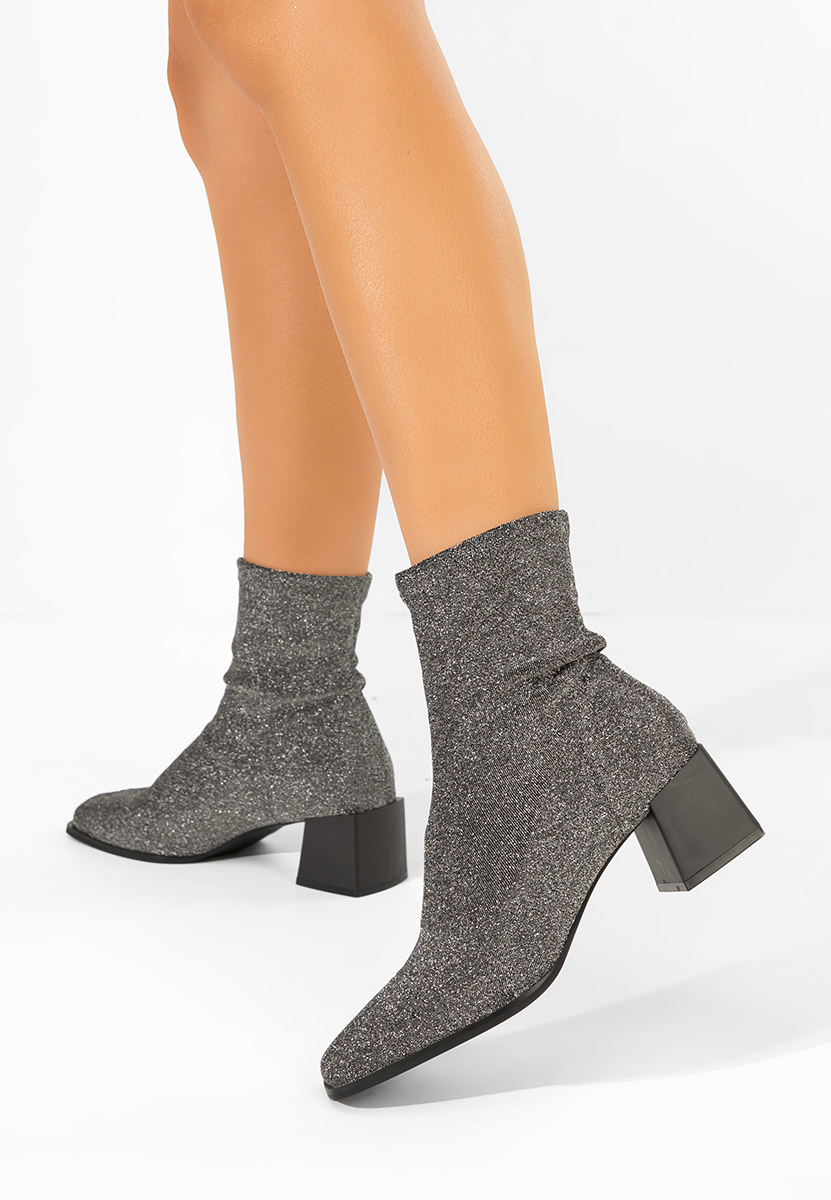 Botine cu toc gros Denonia argintii