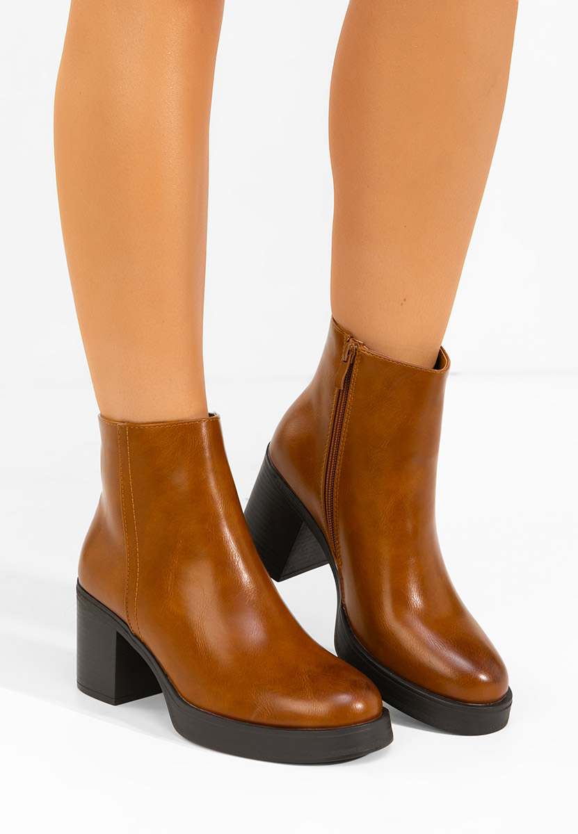 Botine cu toc gros Denisia camel