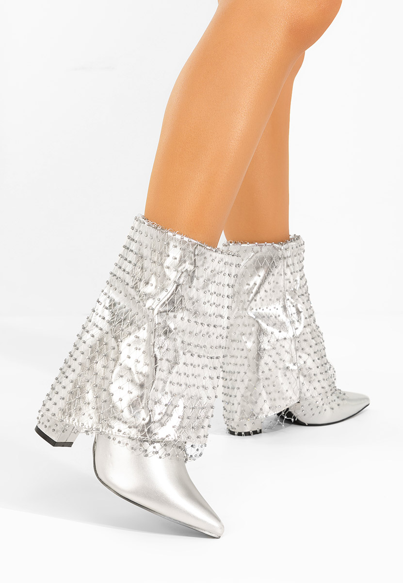 Botine cu toc gros Almaria V2 argintii