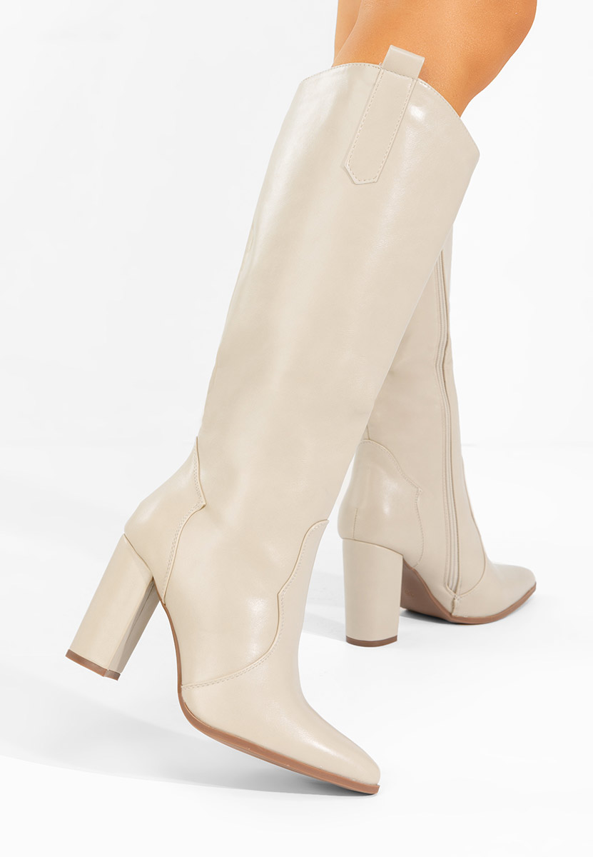 Cizme cu toc gros Evarina bej