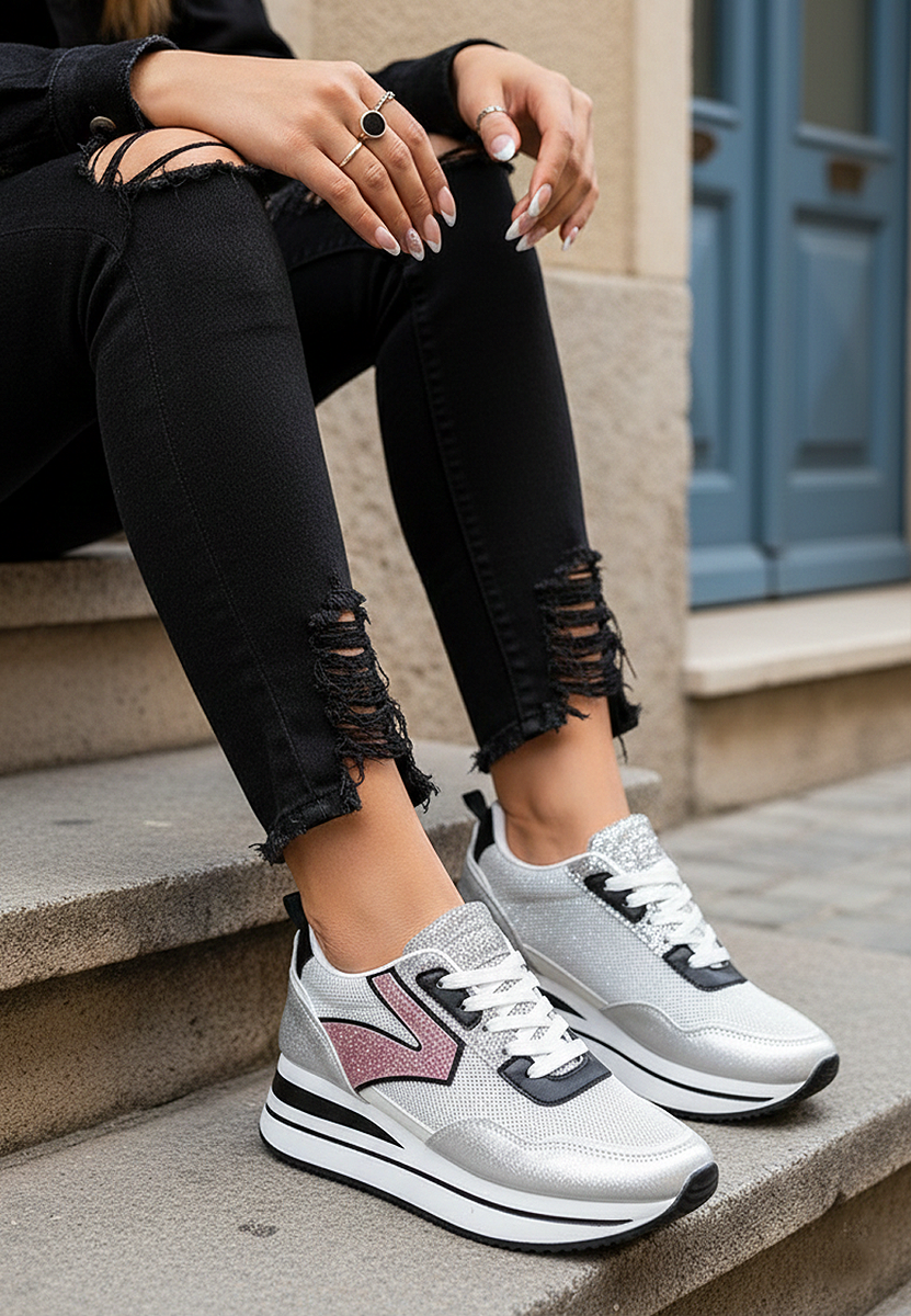 Sneakers dama cu platforma Tarika argintii