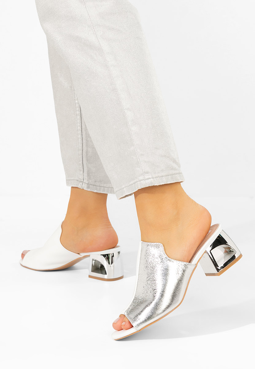 Papuci cu toc gros Floriana V2 albi