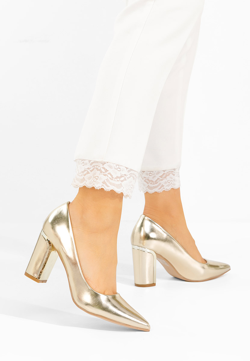 Pantofi cu toc gros Geoana aurii