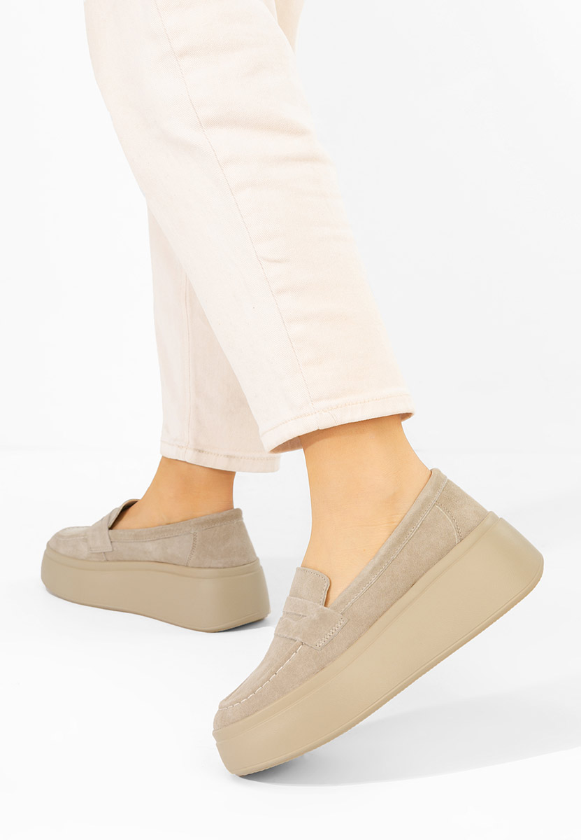 Mocasini piele cu talpa groasa Enissea bej