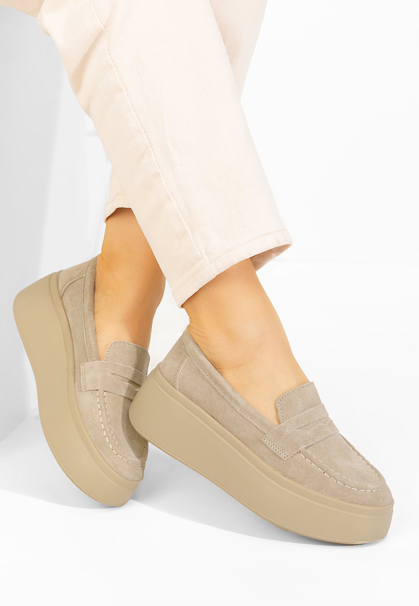 Mocasini piele cu talpa groasa Enissea bej