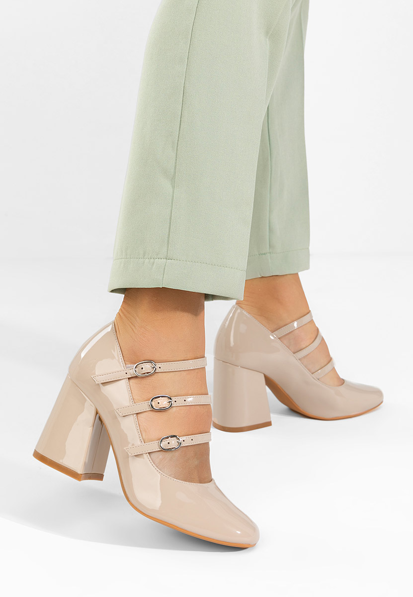 Pantofi cu toc gros lacuiti Genina bej