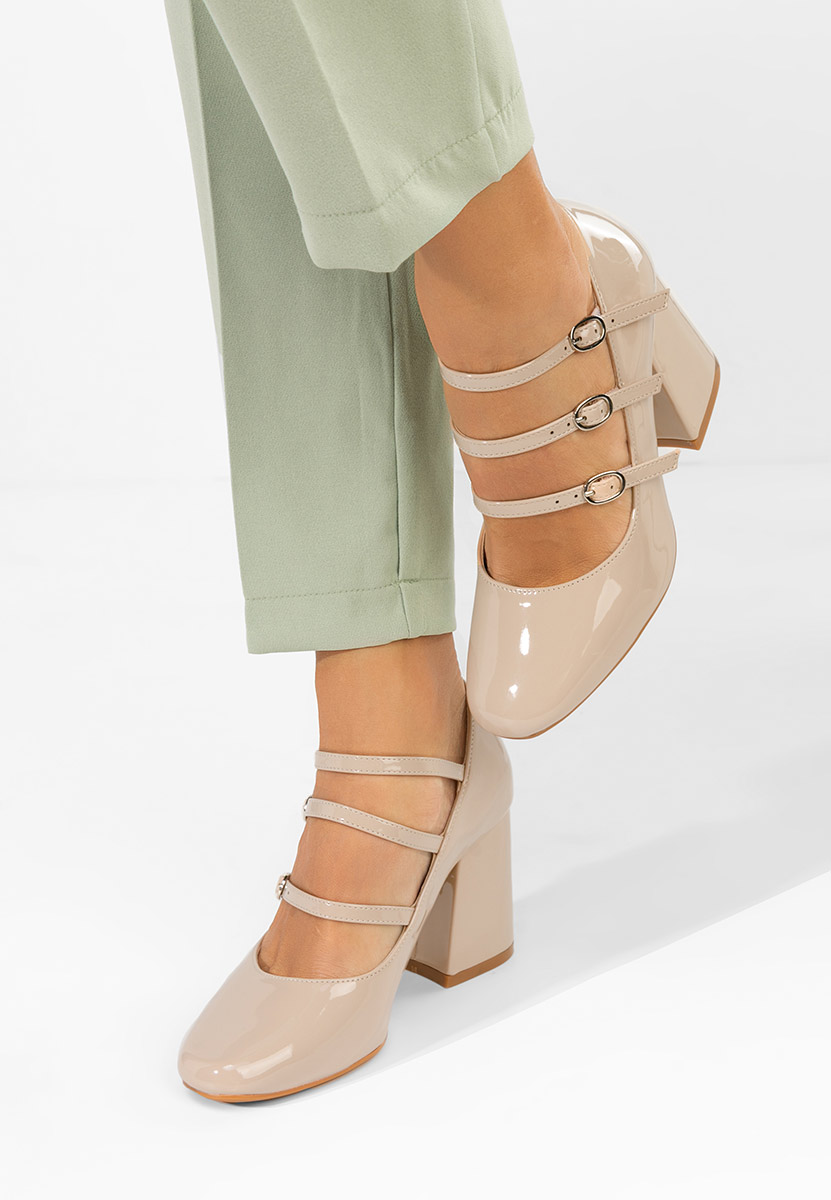 Pantofi cu toc gros lacuiti Genina bej