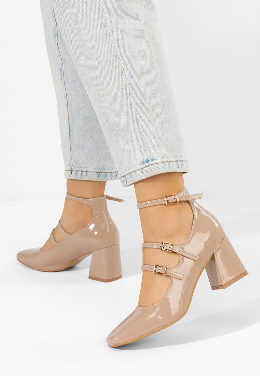 Pantofi cu toc gros lacuiti Renelia bej