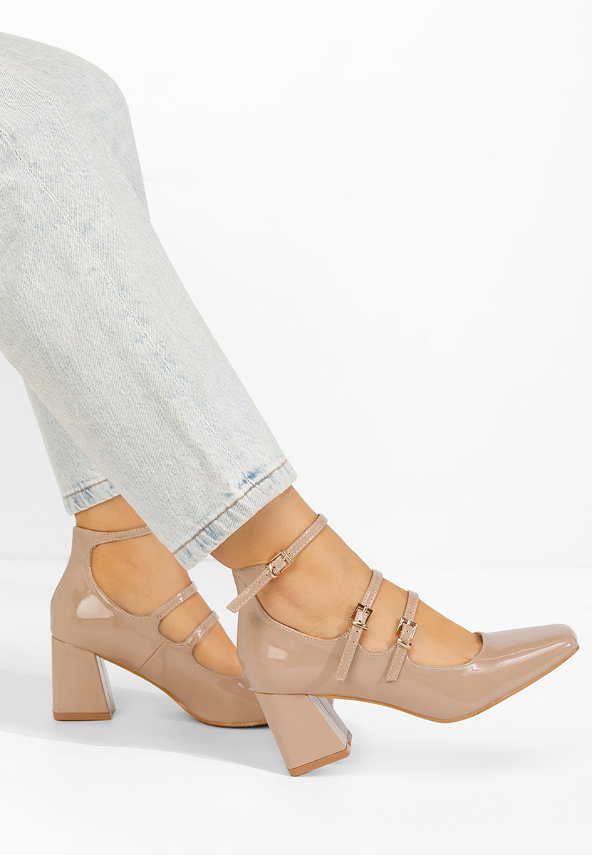 Pantofi cu toc gros lacuiti Renelia bej