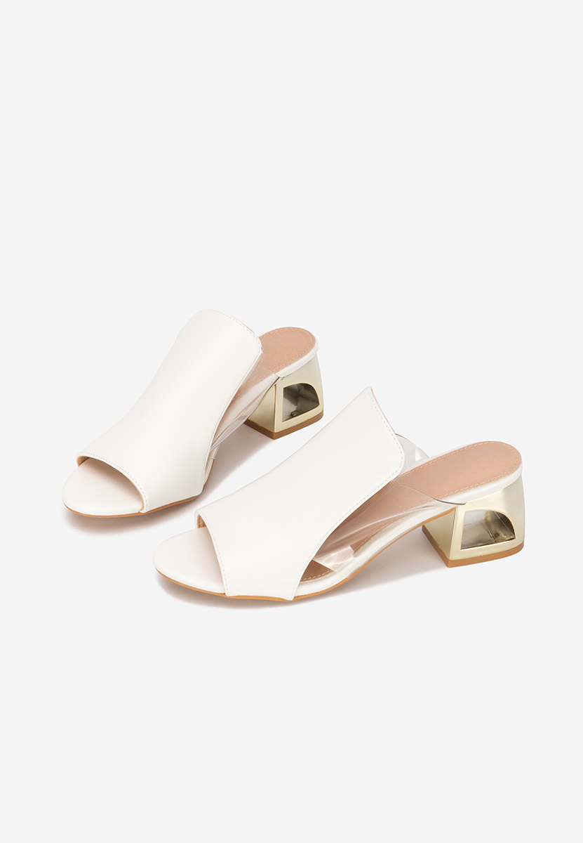 Papuci cu toc gros Floriana albi