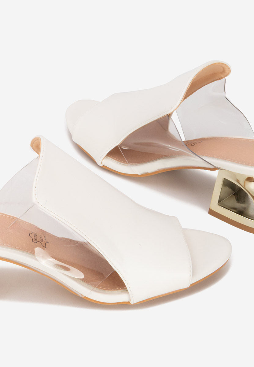 Papuci cu toc gros Floriana albi