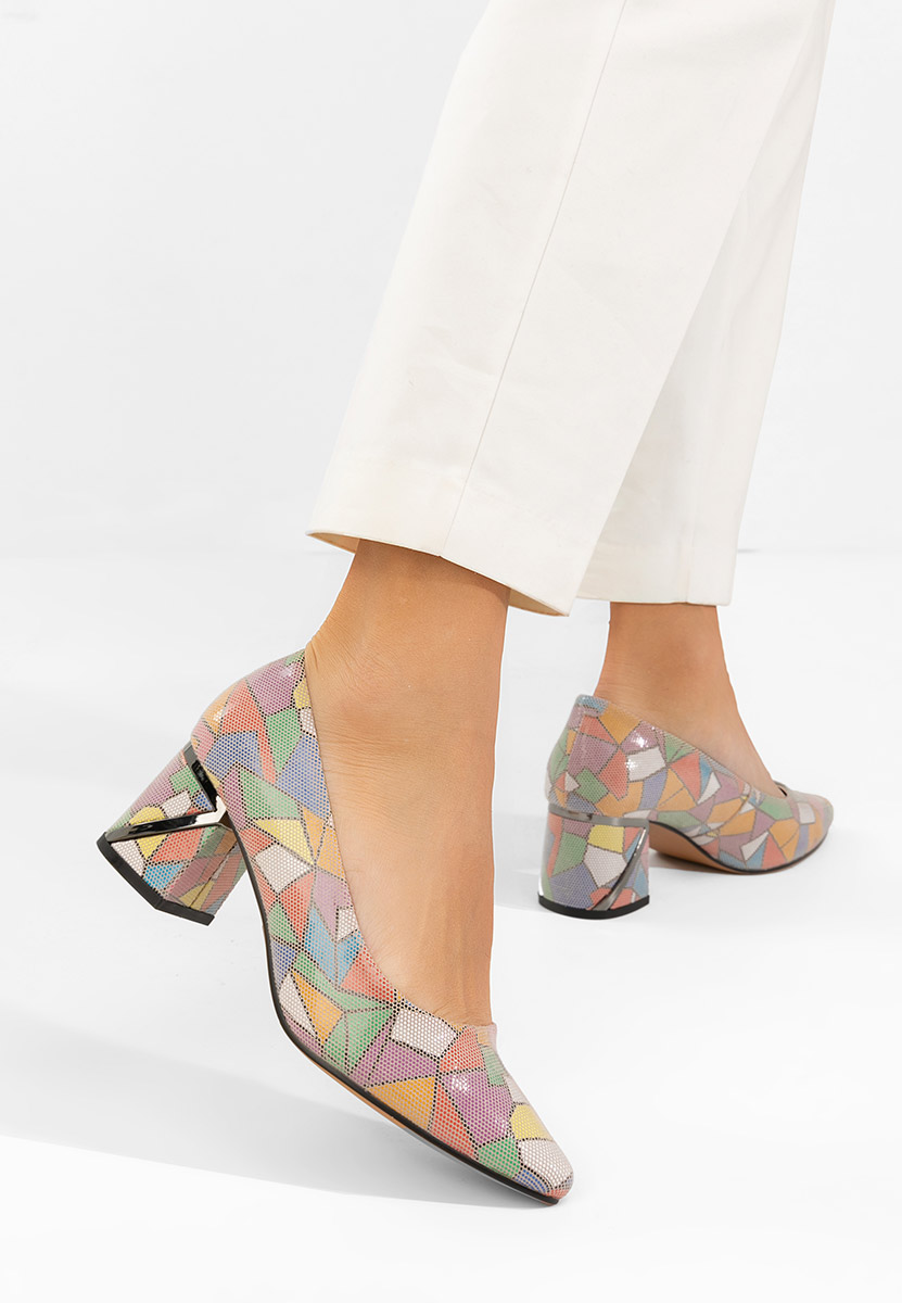 Pantofi cu toc gros piele Esperanta multicolori