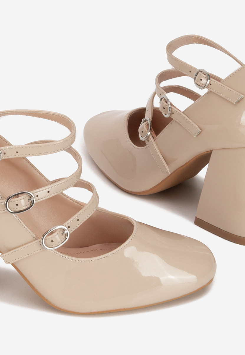 Pantofi cu toc gros lacuiti Genina bej