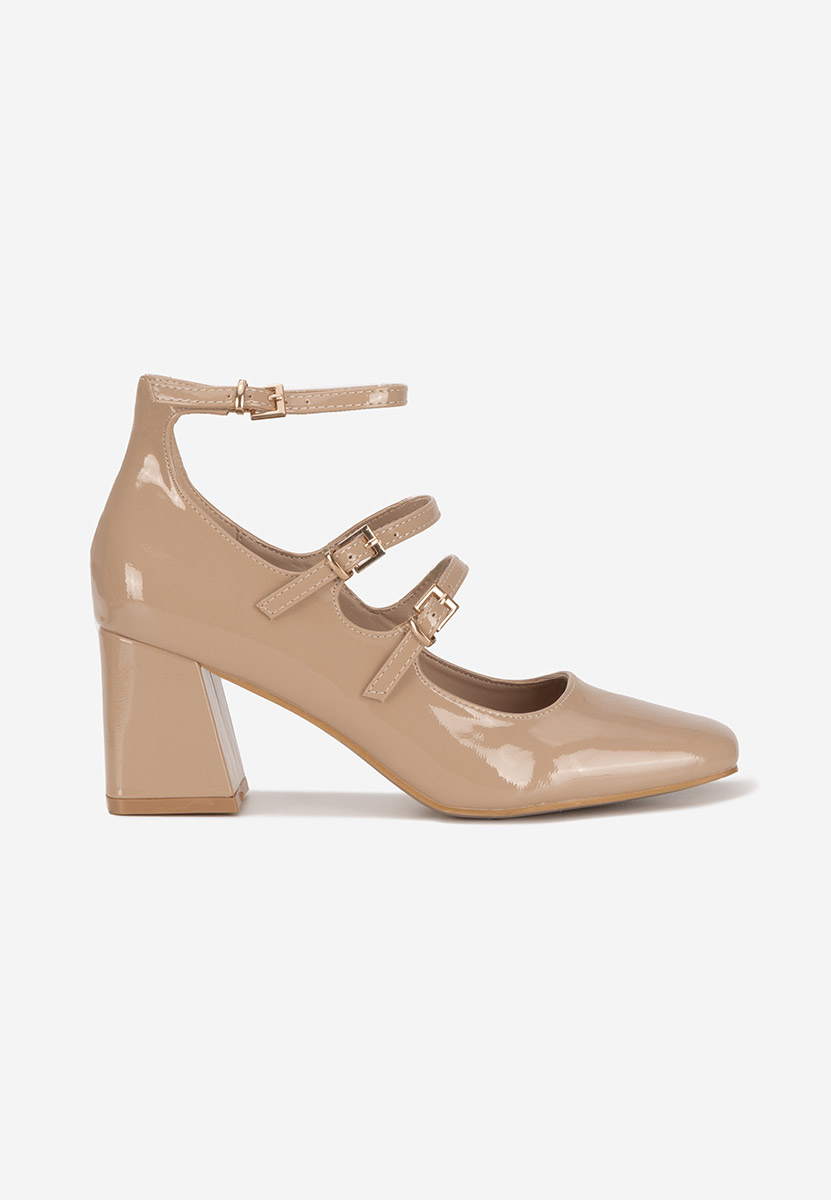 Pantofi cu toc gros lacuiti Renelia bej