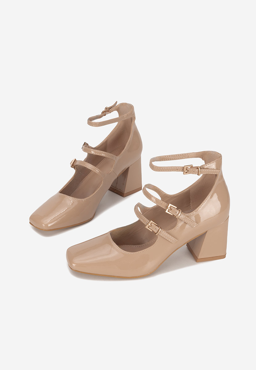 Pantofi cu toc gros lacuiti Renelia bej