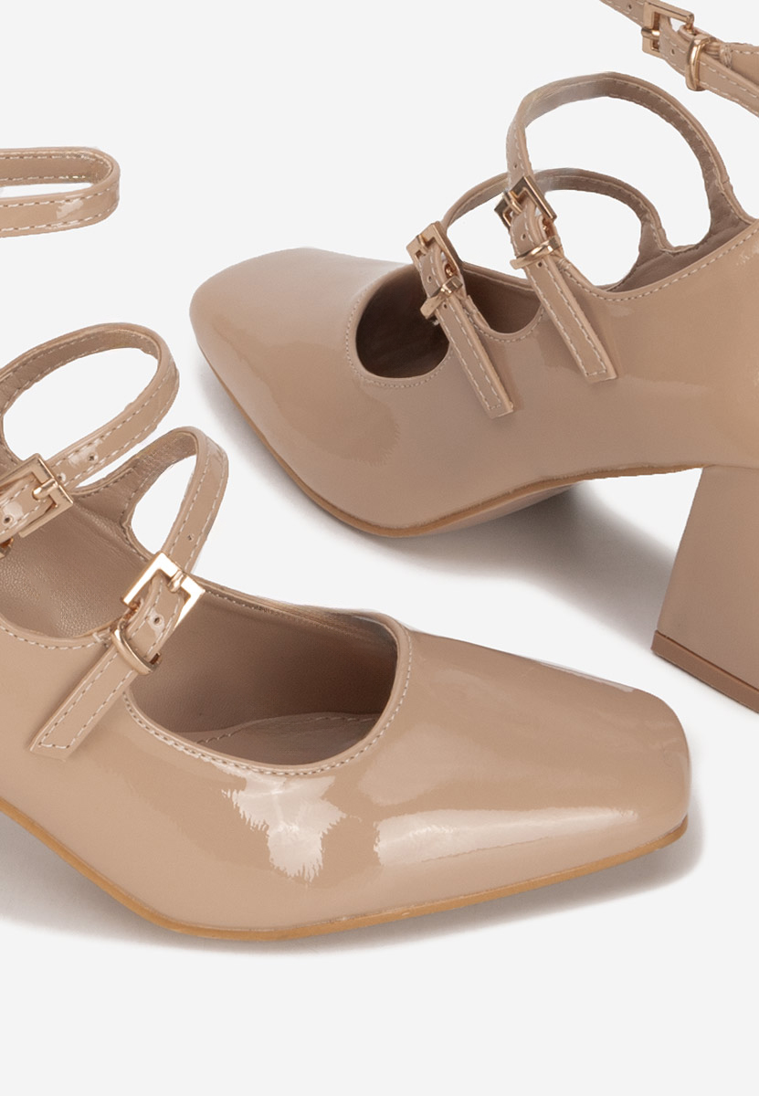 Pantofi cu toc gros lacuiti Renelia bej