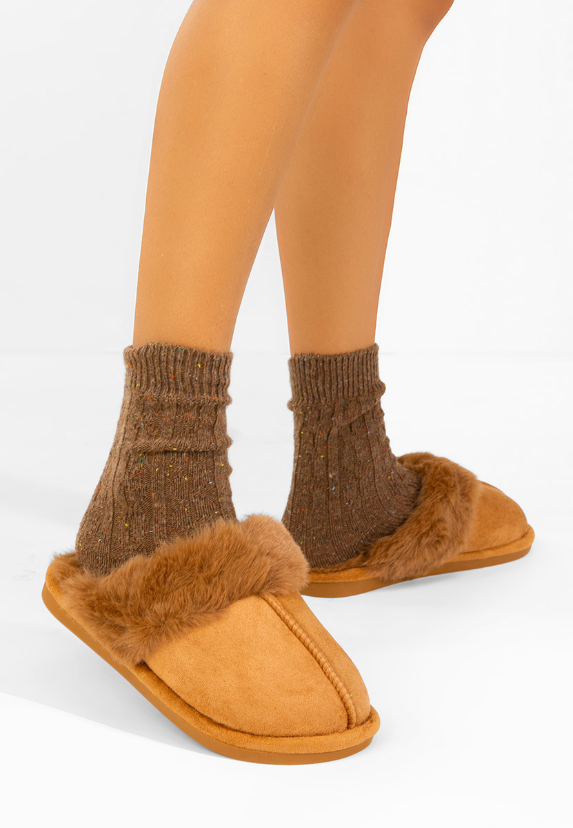 Papuci de casa pufosi Krinia camel